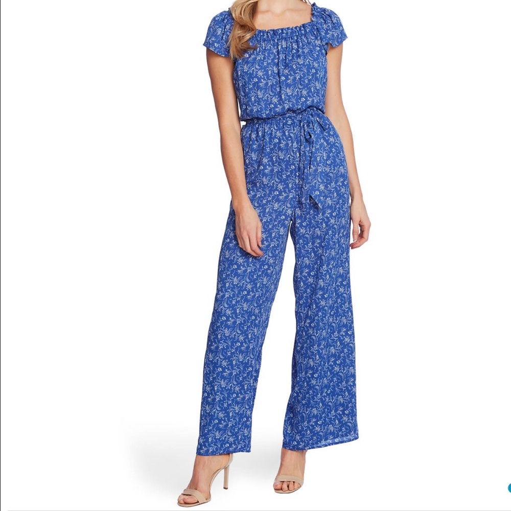 CeCe By Cynthia Steffe Toile Vines Square Neck Crepe Jumpsuit - Moonlit Blue NWT